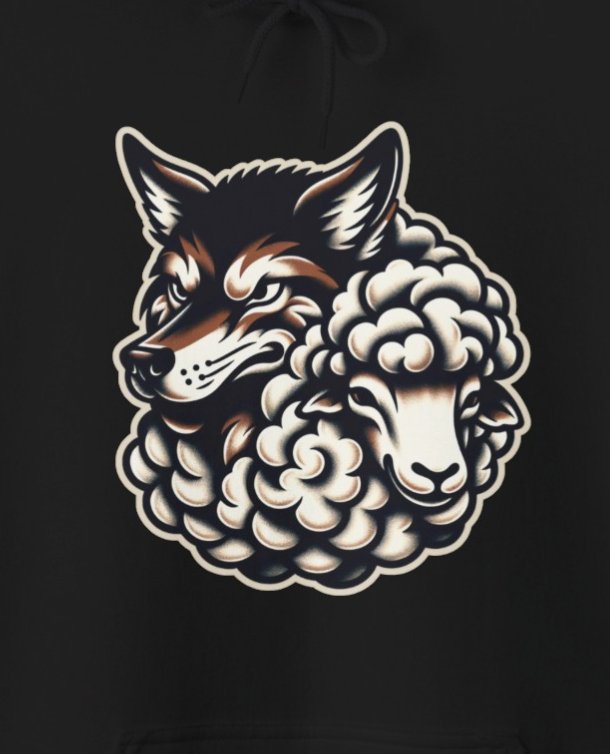 Hoodie - Wolf and Sheep Hooded Sweatshirt | Old School American Traditional Tattoo Style Design | Unique Tattoo Art Apparel from Crypto Zoo Tees