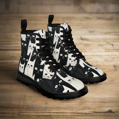 Shoes - Women's Black and White Cat Pattern Boots | Canvas Print Boots with Rubber Soles | Punk Goth Vegan from Crypto Zoo Tees