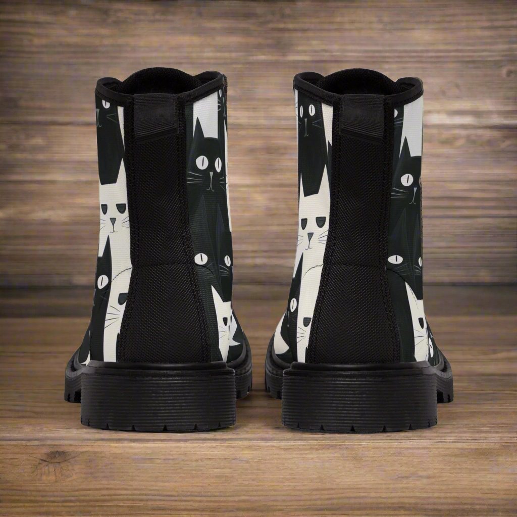 Shoes - Women's Black and White Cat Pattern Boots | Canvas Print Boots with Rubber Soles | Punk Goth Vegan from Crypto Zoo Tees