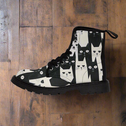 Shoes - Women's Black and White Cat Pattern Boots | Canvas Print Boots with Rubber Soles | Punk Goth Vegan from Crypto Zoo Tees