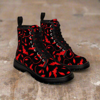 Shoes - Women's Boots Gothic Black and Red Bat Boots | Goth Punk Boots | Bat Themed Footwear | Black Red Ankle Boots | Gothic Fashion Boots | Halloween Costume Shoes from Crypto Zoo Tees