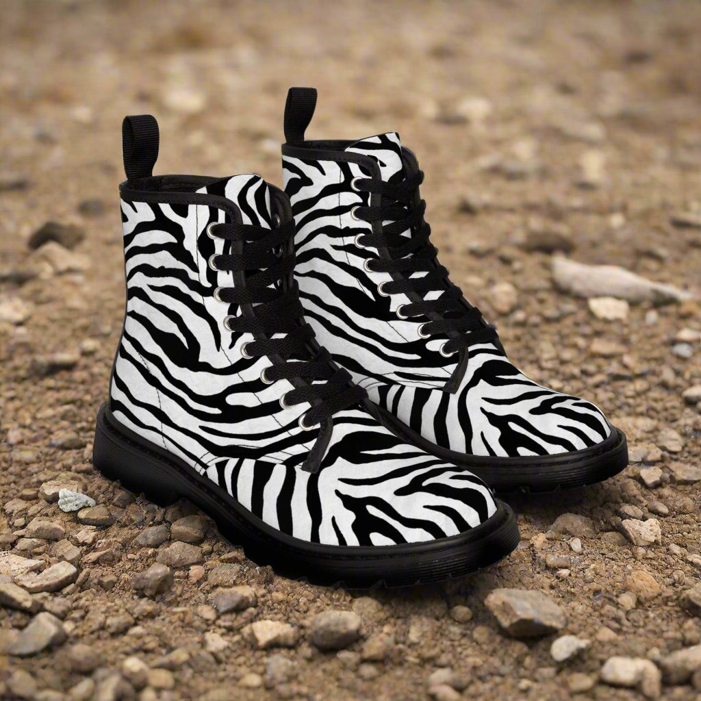 Shoes - WOMENS "HAIR METAL" Zebra Animal Print Boot - Canvas Print Boots with Rubber Souls - Punk Goth Glam 80s Vegan from Crypto Zoo Tees