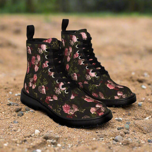 Shoes - WOMENS "NEW ORDER" Pink Flower Boot - Canvas Print Boots with Rubber Souls - Punk Goth Vegan from Crypto Zoo Tees