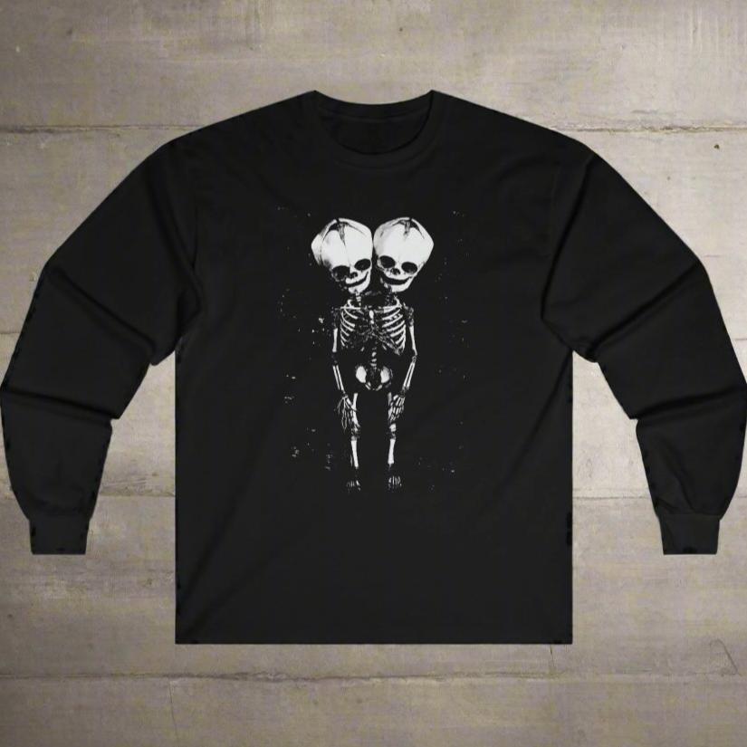 Long-sleeve - 2 Headed Skeleton Long Sleeve T-shirt - Unisex - Punk Goth Metal - Longsleeve Tees from Crypto Zoo Tees