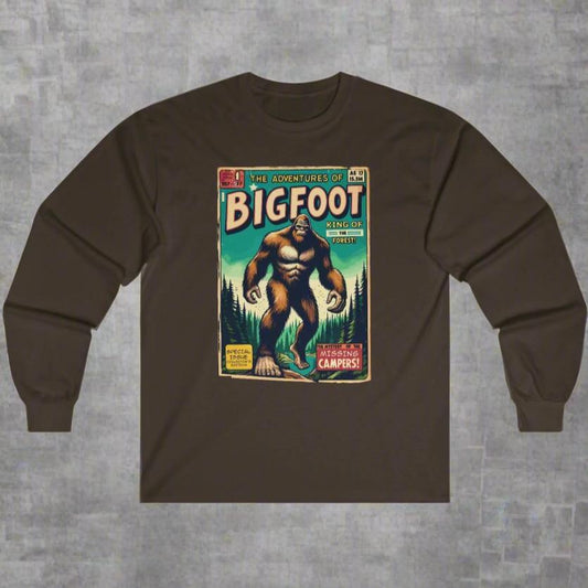 Long-sleeve - Adventures of Bigfoot Comic Long Sleeve T-shirt | Sasquatch Yeti Cryptid Hunter | "Gone Squatchin'" Explorer Apparel from Crypto Zoo Tees