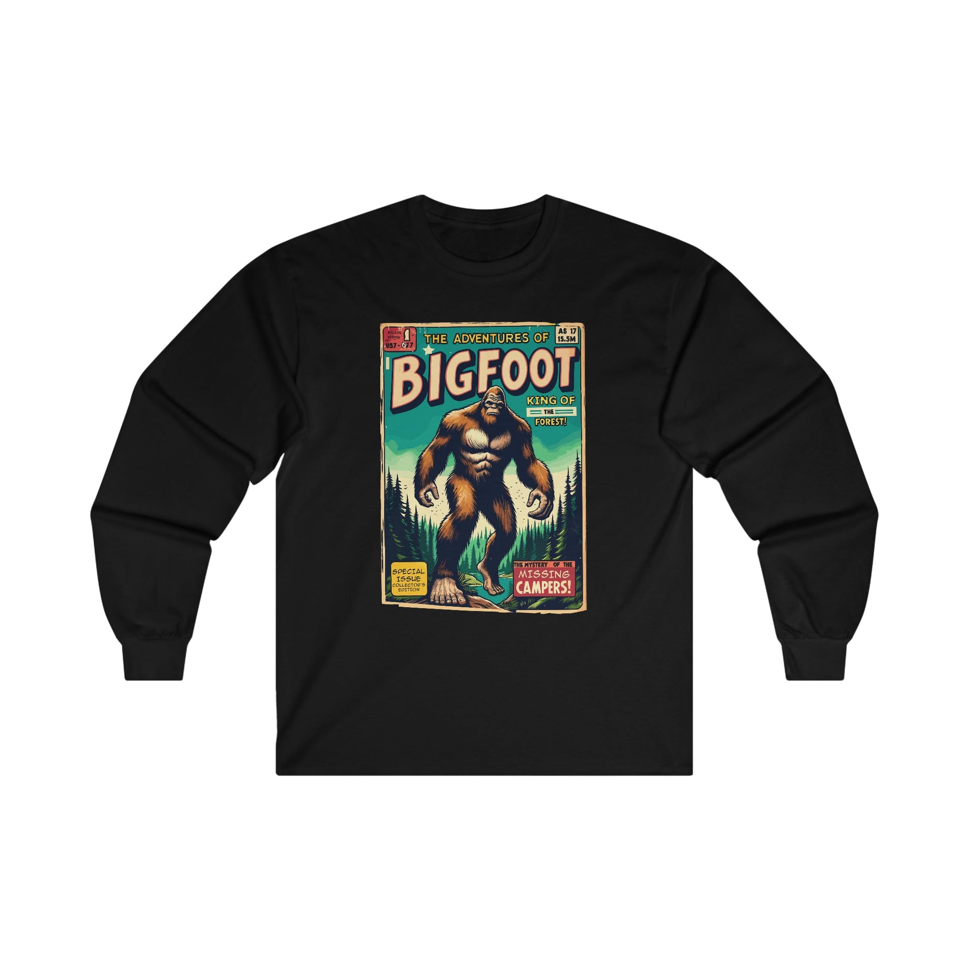 Long-sleeve - Adventures of Bigfoot Comic Long Sleeve T-shirt | Sasquatch Yeti Cryptid Hunter | "Gone Squatchin'" Explorer Apparel from Crypto Zoo Tees