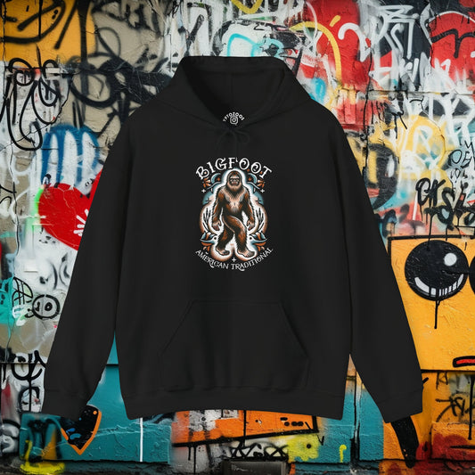 Hoodie - American Traditional Bigfoot Hooded Sweatshirt | Old School American Traditional Tattoo Style Sasquatch | Unique Tattoo Art Apparel from Crypto Zoo Tees