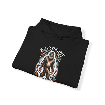 Hoodie - American Traditional Bigfoot Hooded Sweatshirt | Old School American Traditional Tattoo Style Sasquatch | Unique Tattoo Art Apparel from Crypto Zoo Tees