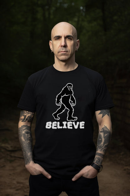 T-Shirt - Believe In Bigfoot Sasquatch T-shirt | Cryptid Advocacy Design | Seeker's Statement Apparel from Crypto Zoo Tees