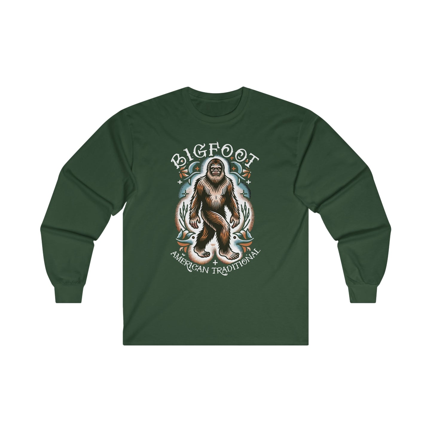 Long-sleeve - Bigfoot American Traditional Old School Tattoo Style Long Sleeve Shirt | Mythical Creature Design | Explorer’s Apparel from Crypto Zoo Tees