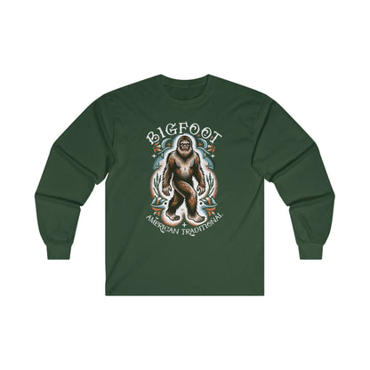 Long-sleeve - Bigfoot American Traditional Old School Tattoo Style Long Sleeve Shirt | Mythical Creature Design | Explorer’s Apparel from Crypto Zoo Tees