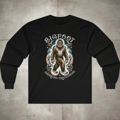 Long-sleeve - Bigfoot American Traditional Old School Tattoo Style Long Sleeve Shirt | Mythical Creature Design | Explorer’s Apparel from Crypto Zoo Tees