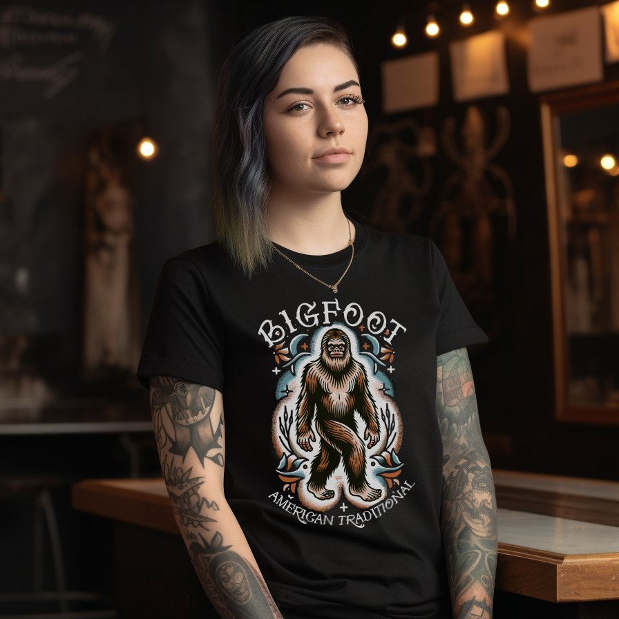 T-Shirt - Bigfoot American Traditional Shirt - Soft Cotton T-Shirt - Sasquatch Old School Tattoo Tee from Crypto Zoo Tees