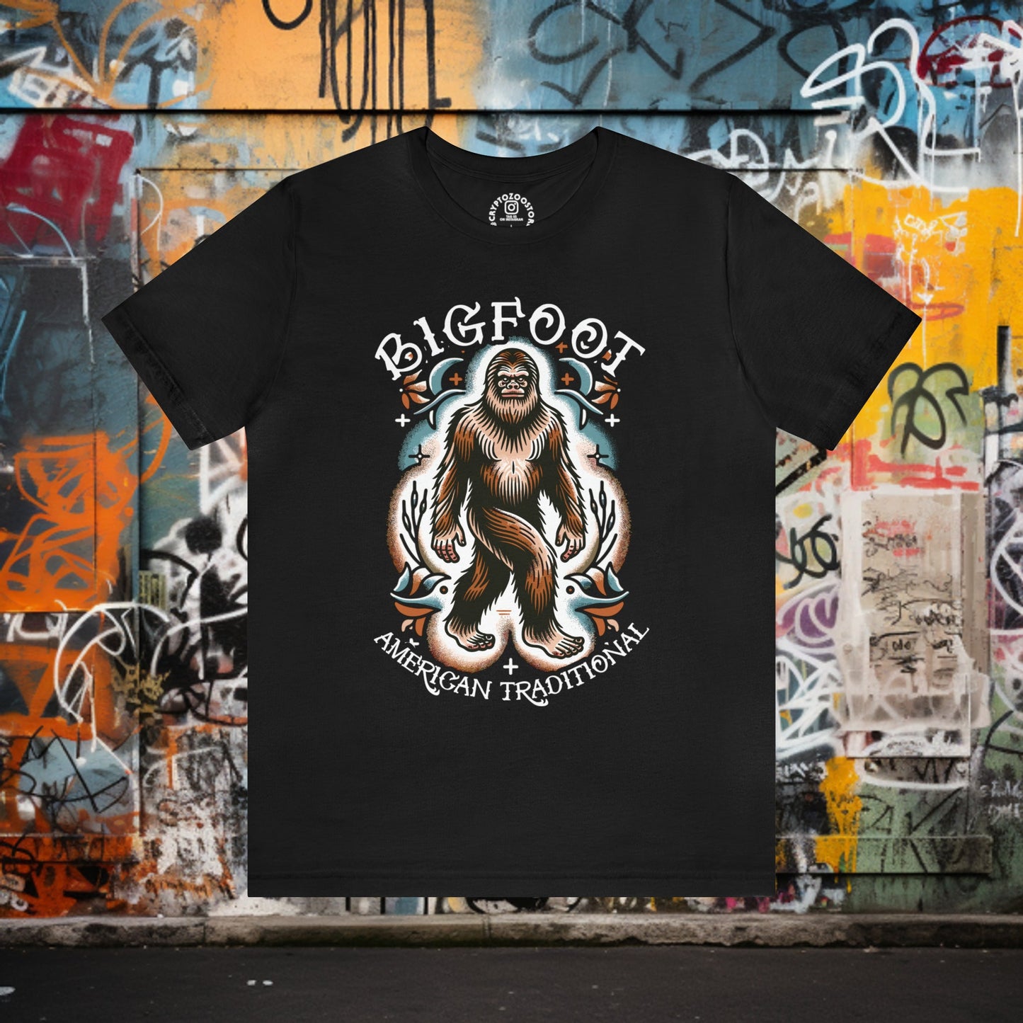 T-Shirt - Bigfoot American Traditional Shirt - Soft Cotton T-Shirt - Sasquatch Old School Tattoo Tee from Crypto Zoo Tees