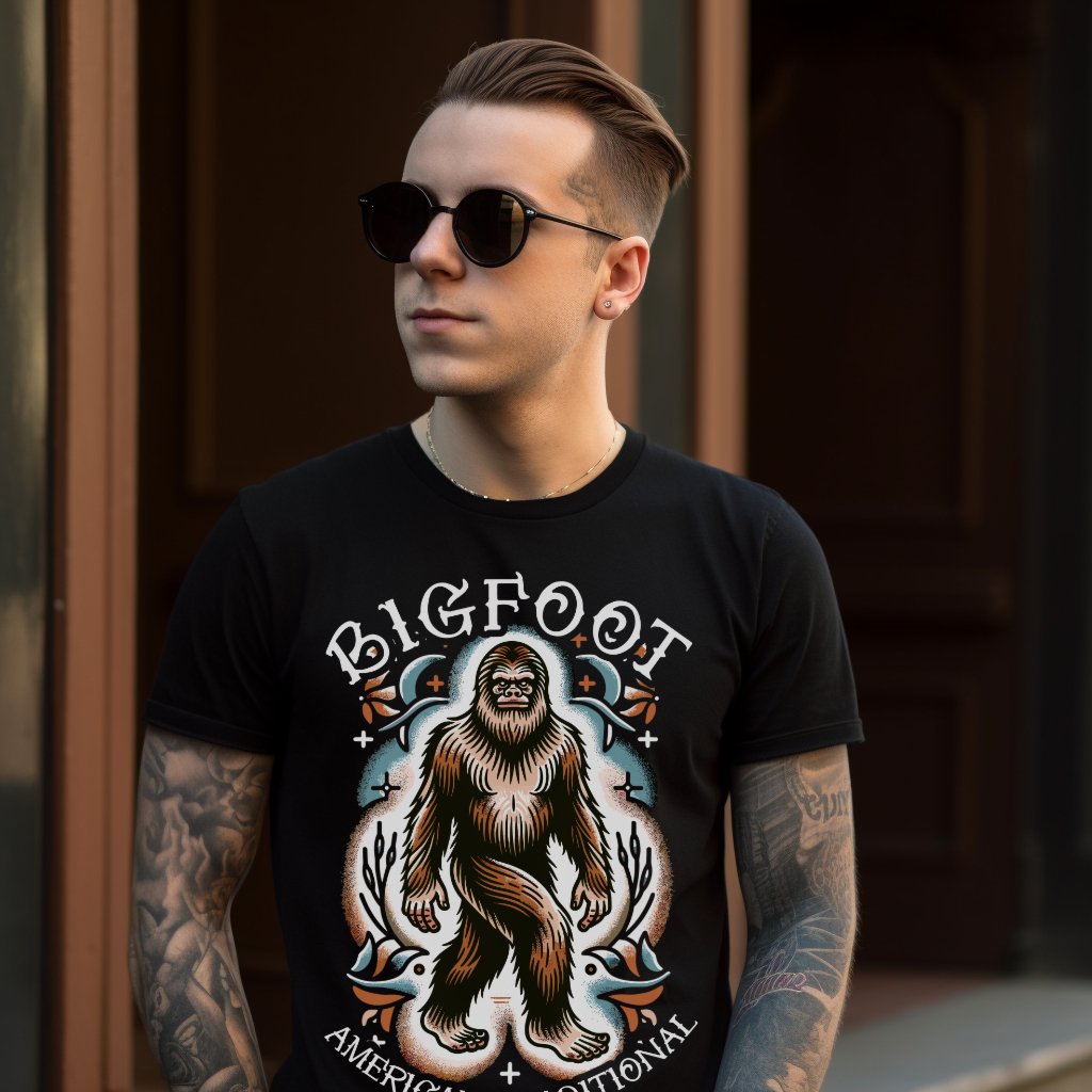 T-Shirt - Bigfoot American Traditional Shirt - Soft Cotton T-Shirt - Sasquatch Old School Tattoo Tee from Crypto Zoo Tees