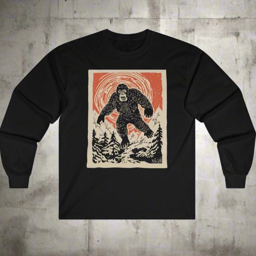 Long-sleeve - Bigfoot Japanese Style Woodcut Long Sleeve T-Shirt | Yeti Tee | Unique Sasquatch from Crypto Zoo Tees