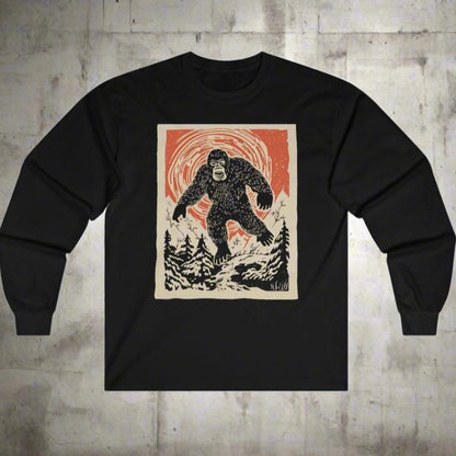 Long-sleeve - Bigfoot Japanese Style Woodcut Long Sleeve T-Shirt | Yeti Tee | Unique Sasquatch from Crypto Zoo Tees