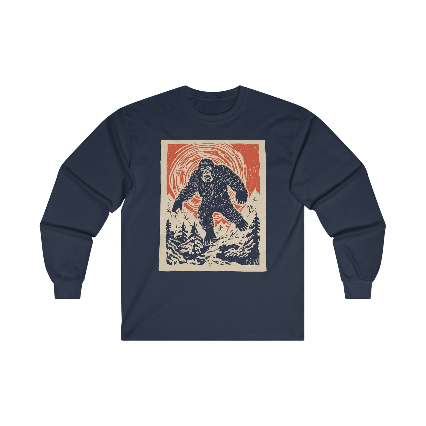 Long-sleeve - Bigfoot Japanese Style Woodcut Long Sleeve T-Shirt | Yeti Tee | Unique Sasquatch from Crypto Zoo Tees