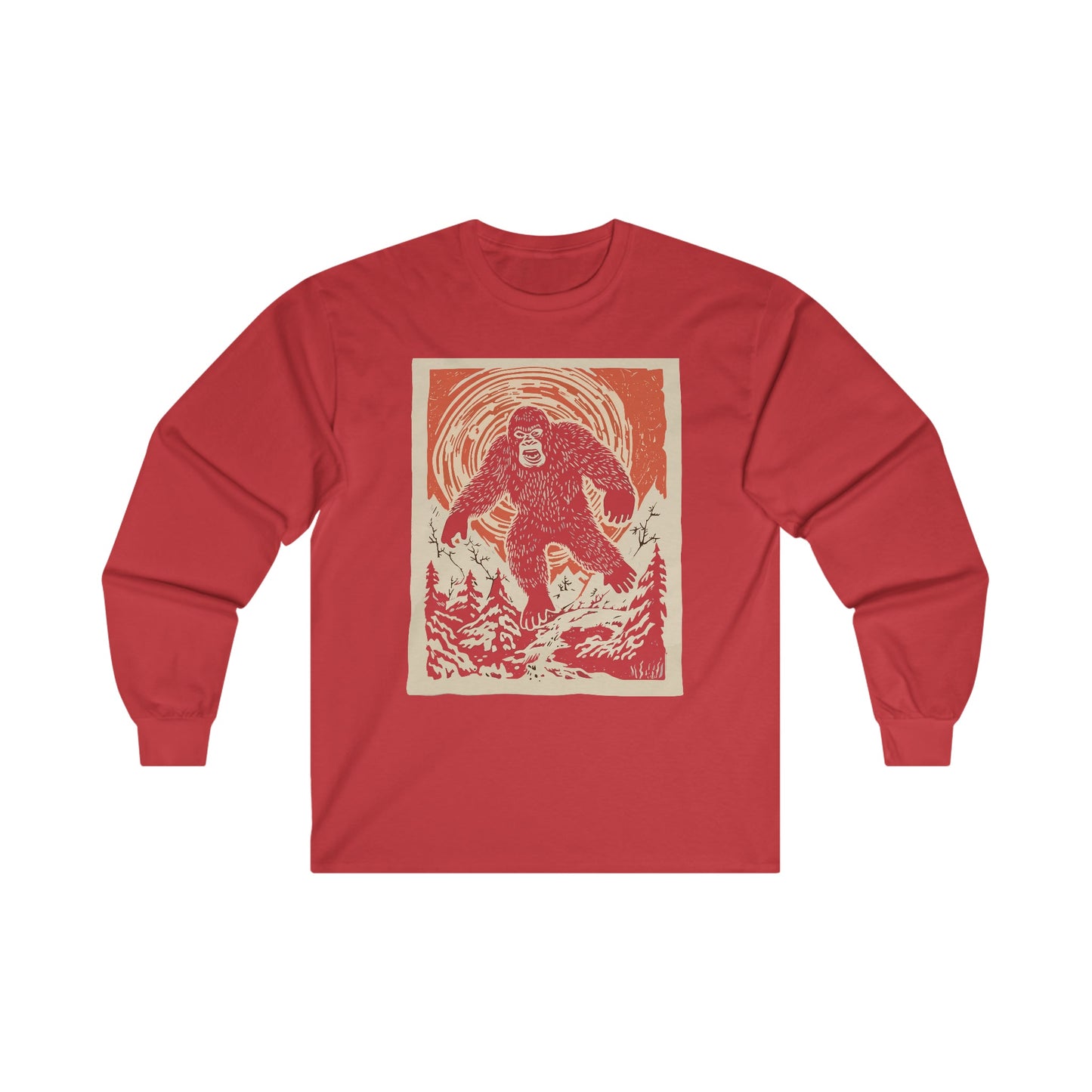 Long-sleeve - Bigfoot Japanese Style Woodcut Long Sleeve T-Shirt | Yeti Tee | Unique Sasquatch from Crypto Zoo Tees