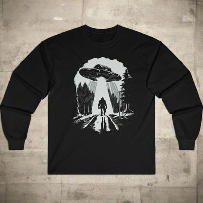 Long-sleeve - Bigfoot UFO Alien Abduction Long Sleeve Shirt | Cosmic Encounter Design | Sci-Fi Mystery Apparel from Crypto Zoo Tees