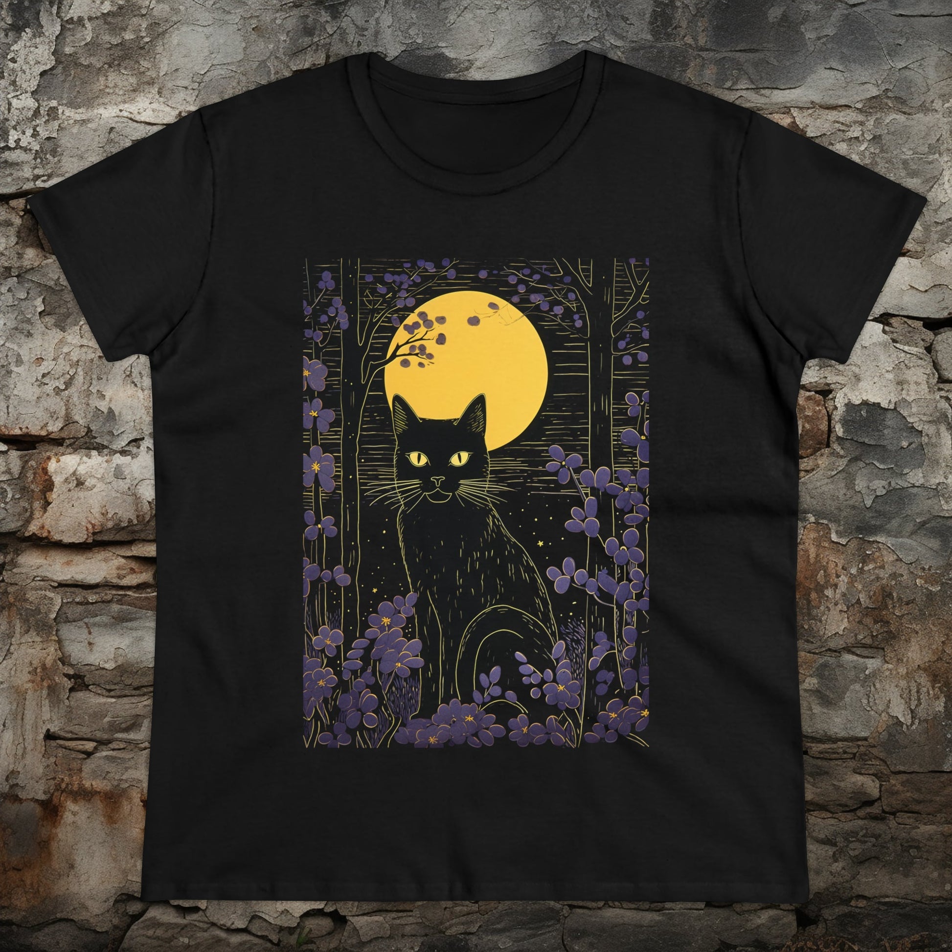 Black Cat in the October Moonlight Shirt Ladies Cut T-shirt Gothic Cat Lovers Gothic Witch