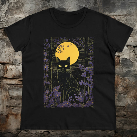 T-Shirt - Black Cat in the October Moonlight Shirt - Ladies Cut T-shirt - Gothic Cat Lovers - Gothic Witch from Crypto Zoo Tees