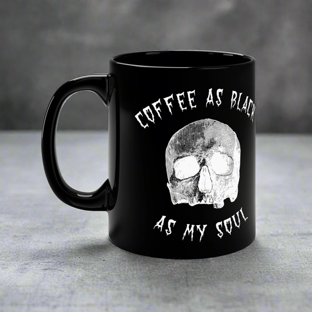 Mug - Coffee As Black As My Soul Mug Cup: 11oz Black, Drinkware, Goth Gothic Punk Metal Horror Halloween from Crypto Zoo Tees