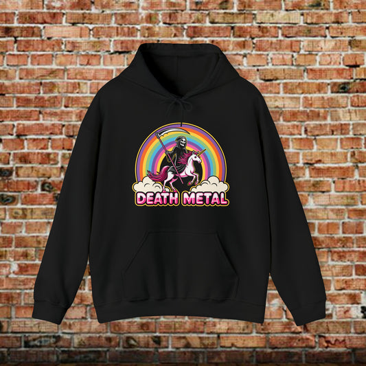 Hoodie - Death Metal Rainbow Hoodie with the grim reaper riding a unicorn over a rainbow Sweatshirt from Crypto Zoo Tees