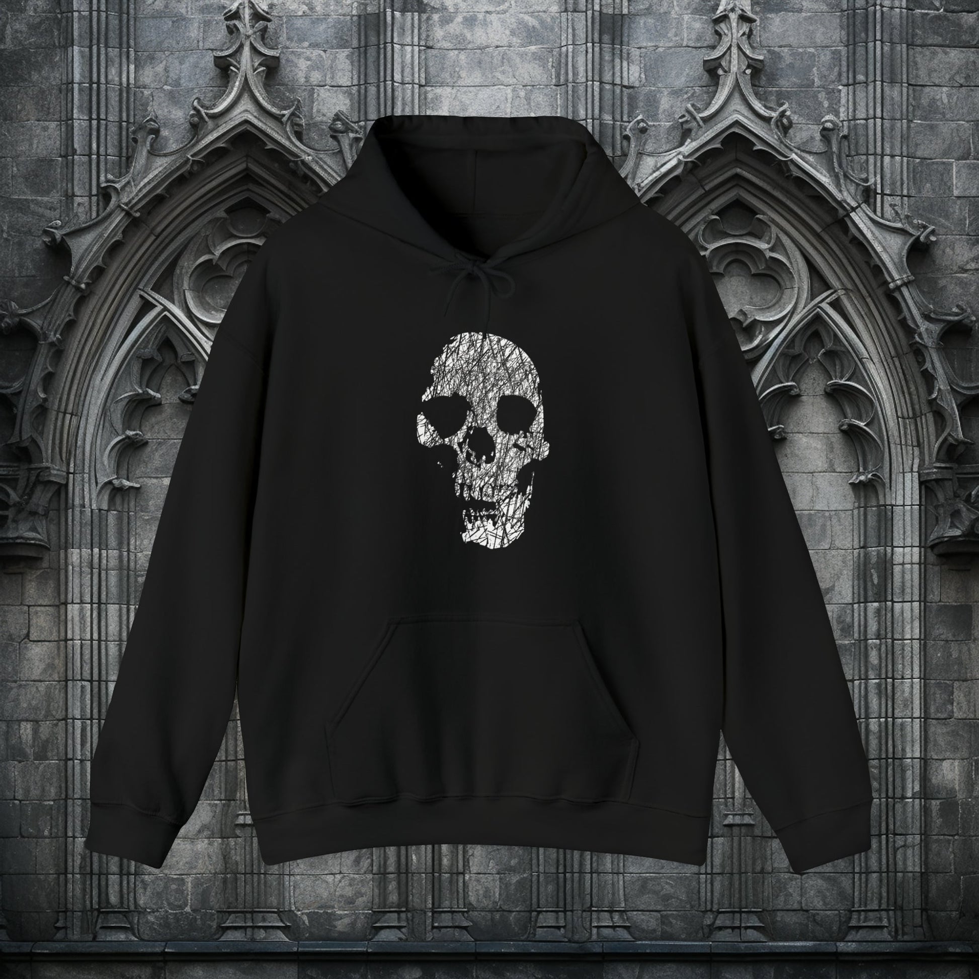 Hoodie - Distressed Skull Pullover Hoodie | Hooded Sweatshirt | Goth Horror Metalhead Outer Wear from Crypto Zoo Tees