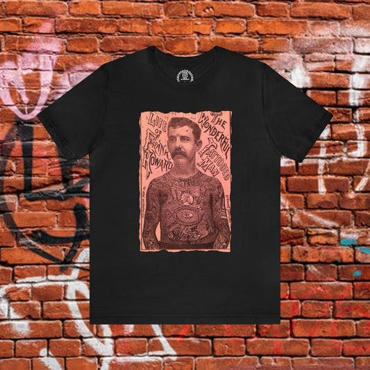 T-Shirt - Frank Howard Tattooed Man Shirt | Vintage Tattoo Parlor Tee | Sideshow Poster Top | Soft Cotton T-shirt | Inked Art Lover | Unique Gift from Crypto Zoo Tees