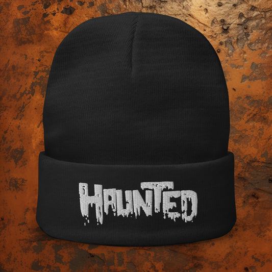 - Haunted Embroidered Beanie Hat - Ghostly Stitching - Horror Goth Warm Winter Cap from Crypto Zoo Tees