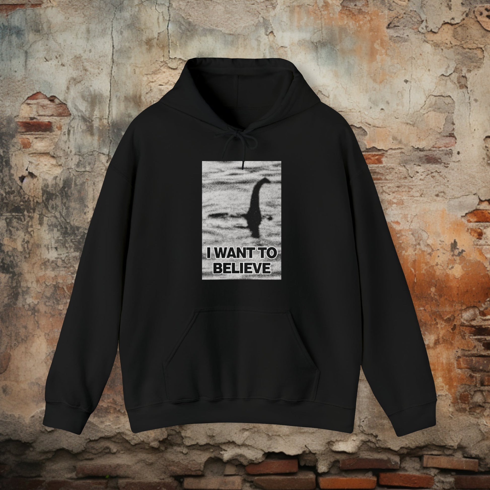 Hoodie - I Want To Believe Loch Ness Monster Hooded Sweatshirt | Pullover Hoodie | Cryptid Outer Wear from Crypto Zoo Tees