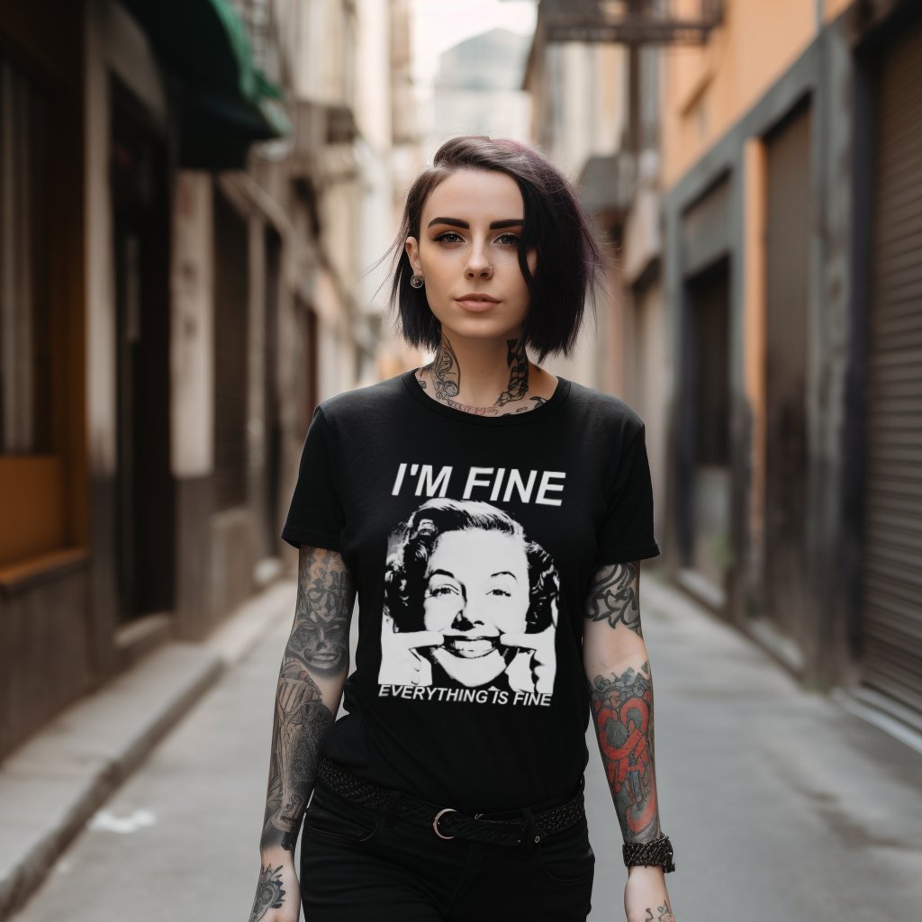 T-Shirt - I'm Fine Everything Is Fine Shirt: Soft Cotton T-Shirt - Witty Funny Sarcastic Goth Tee from Crypto Zoo Tees