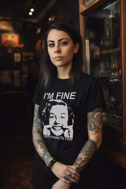 T-Shirt - I'm Fine Everything Is Fine Shirt: Soft Cotton T-Shirt - Witty Funny Sarcastic Goth Tee from Crypto Zoo Tees