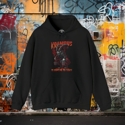 Hoodie - Krampus is Coming to Town Hoodie | Pullover Hooded Sweatshirt | Funny Christmas Apparel | Festive Horror Top | Mythical Beast Gear from Crypto Zoo Tees