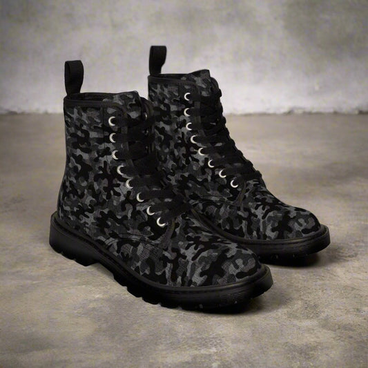 Shoes - Men's "Front Line" Black Camo Boots - Dark Camouflage Canvas with Rubber Souls - Punk Metal from Crypto Zoo Tees