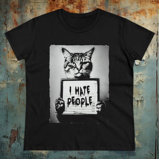T-Shirt - Mugshot of a Grumpy Cat Holding a Sign That Says "I Hate People" - Ladies Cut T-shirt - Punk Goth - 2 Colors Available from Crypto Zoo Tees