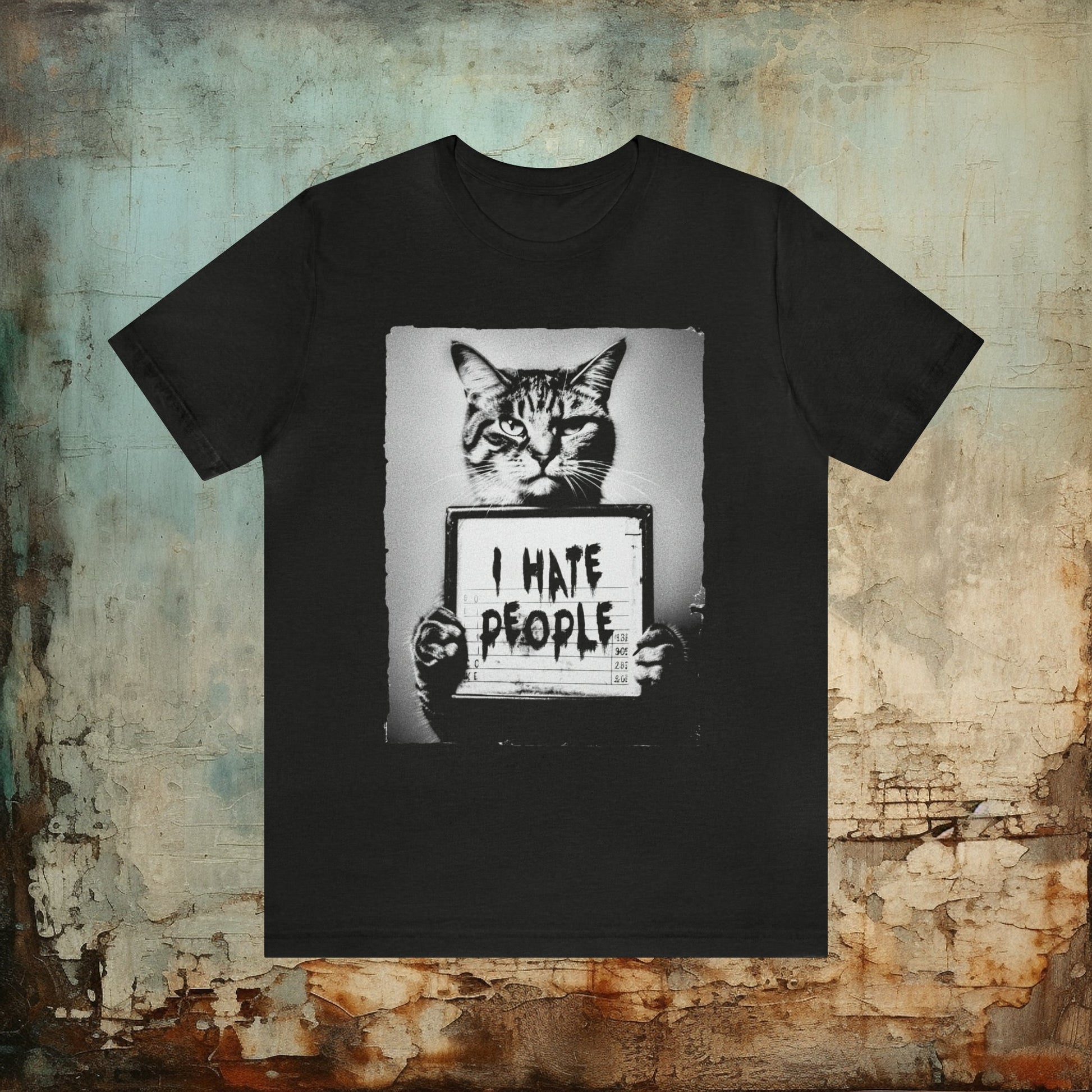 T-Shirt - Mugshot of a Grumpy Cat Holding a Sign That Says "I Hate People" - Soft Cotton T-shirt - Punk Goth - 2 Colors Available from Crypto Zoo Tees