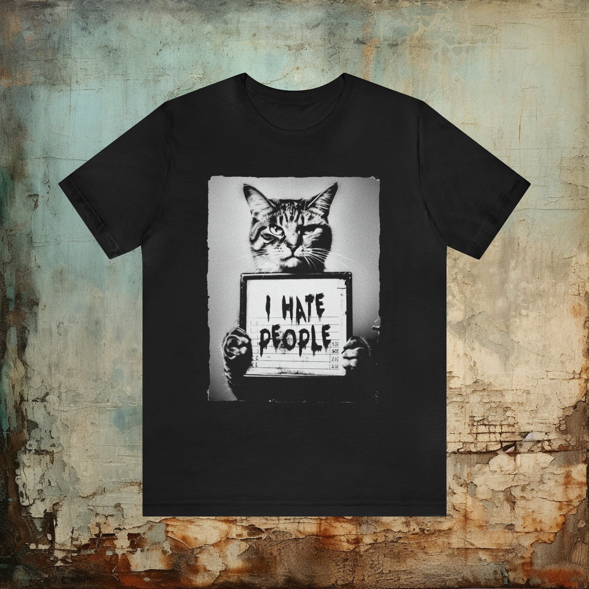 T-Shirt - Mugshot of a Grumpy Cat Holding a Sign That Says "I Hate People" - Soft Cotton T-shirt - Punk Goth - 2 Colors Available from Crypto Zoo Tees