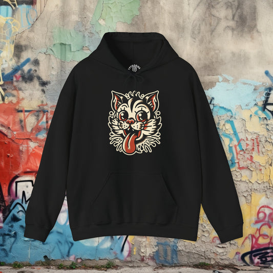 Hoodie - Old School Stray Cat Hooded Sweatshirt | Old School American Traditional Tattoo Style Design | Unique Tattoo Art Apparel from Crypto Zoo Tees