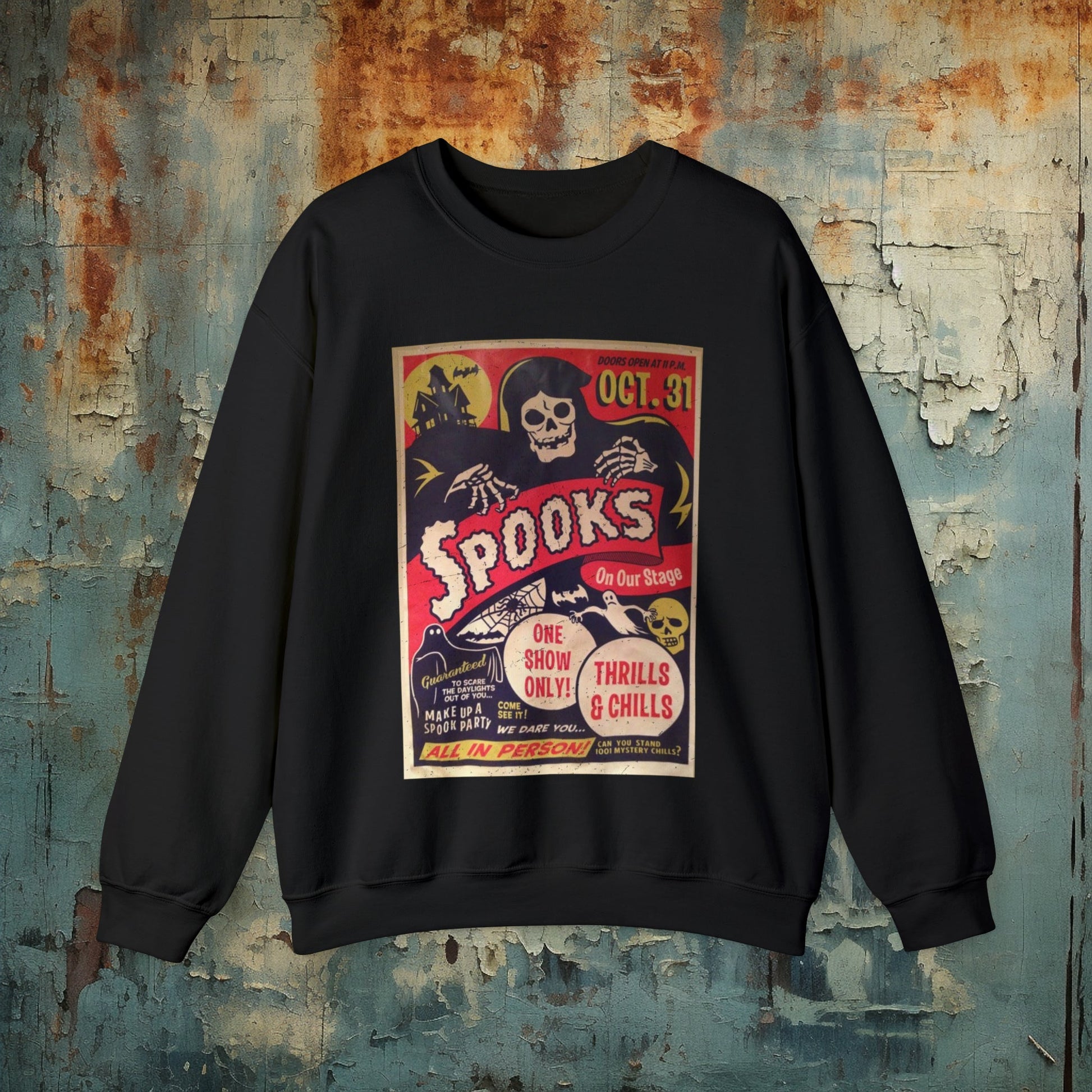 Sweatshirt - Spooks! Spookshow Halloween Crewneck Sweatshirt - October Goth Long Sleeve, Eerie Comfort, Spooky Chic from Crypto Zoo Tees