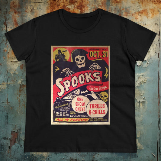 T-Shirt - Spooks! Spookshow Halloween Shirt - Ladies Cut, October Goth Tee, Eerie Design, Spooky Style from Crypto Zoo Tees