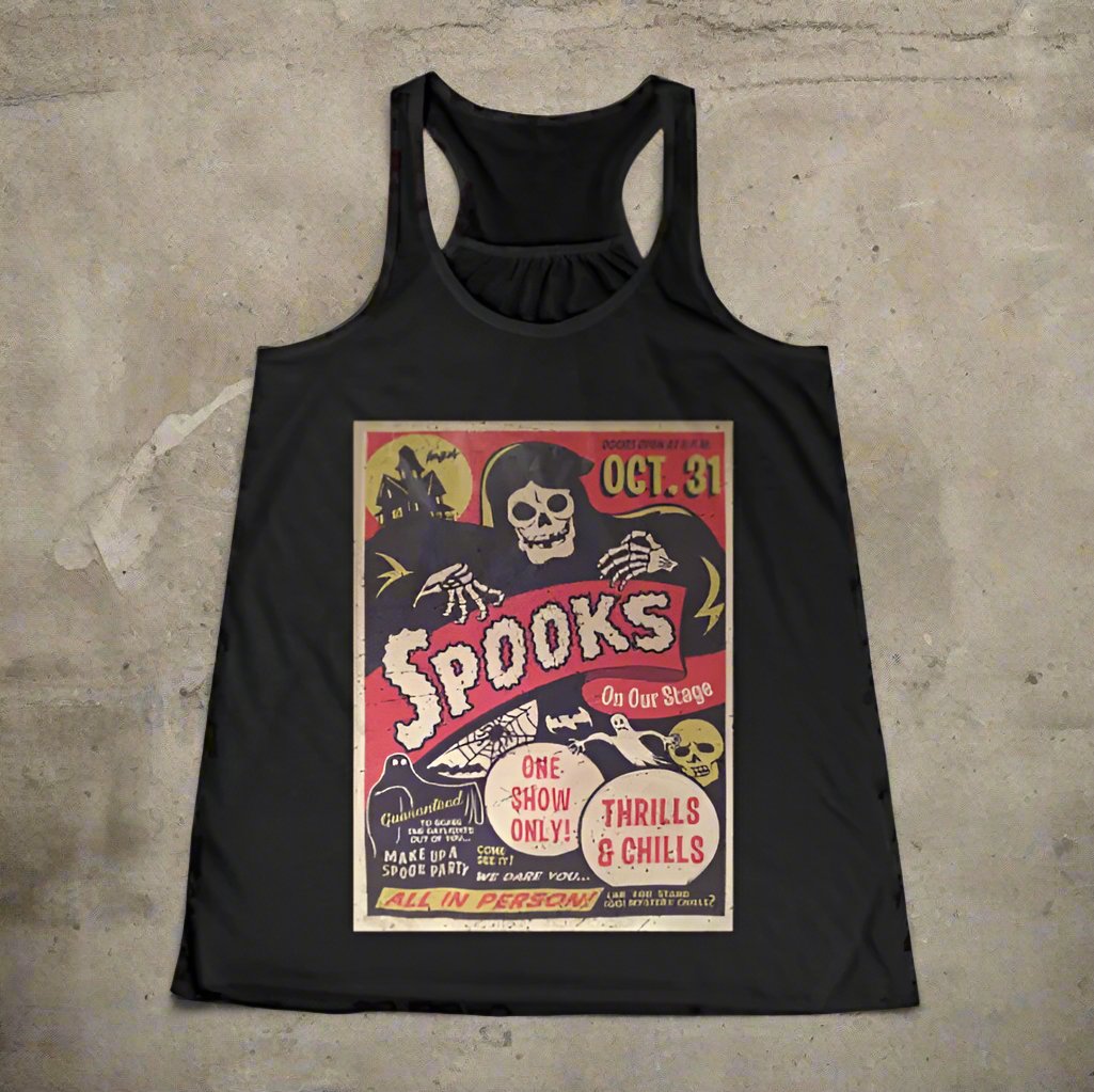 Tank Top - Spooks! Spookshow Halloween Shirt - Ladies Racerback Tank, October Goth Tee, Eerie Design, Spooky Style from Crypto Zoo Tees