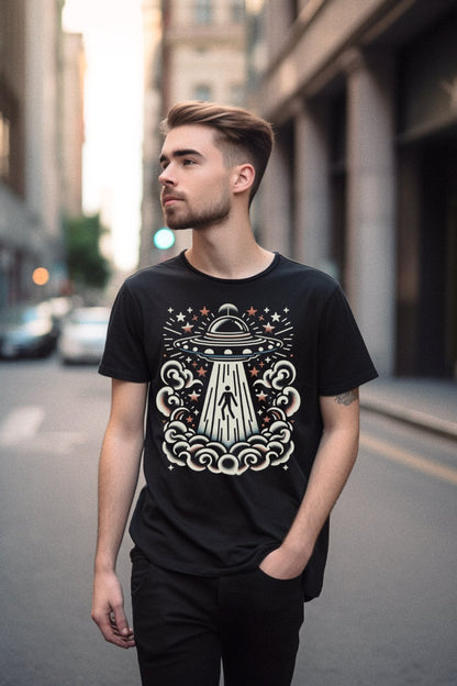 T-Shirt - UFO Alien Abduction American Traditional Shirt - Soft Cotton T-Shirt - Paranormal Tee from Crypto Zoo Tees