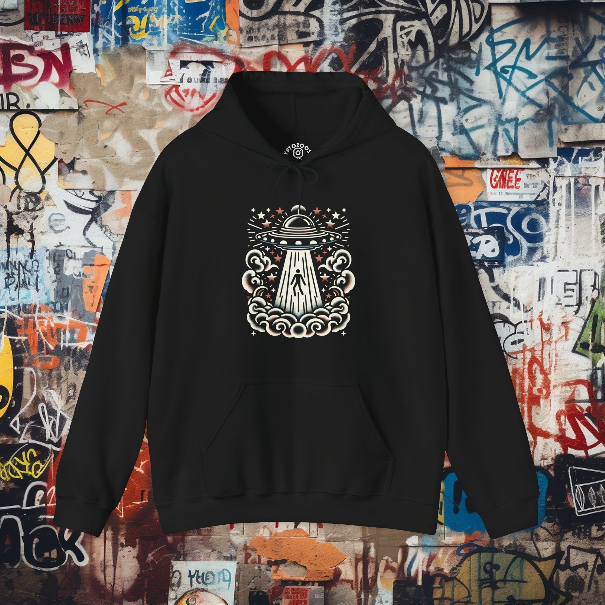 UFO Alien Abduction Hooded Sweatshirt Old School American Traditional Tattoo Style Design Unique Tattoo Art Apparel