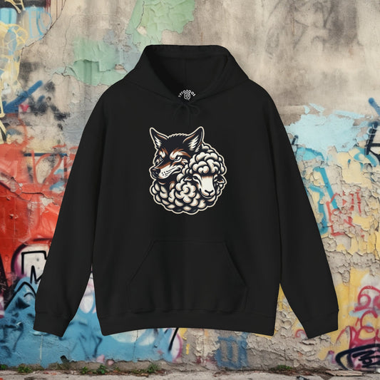 Hoodie - Wolf and Sheep Hooded Sweatshirt | Old School American Traditional Tattoo Style Design | Unique Tattoo Art Apparel from Crypto Zoo Tees