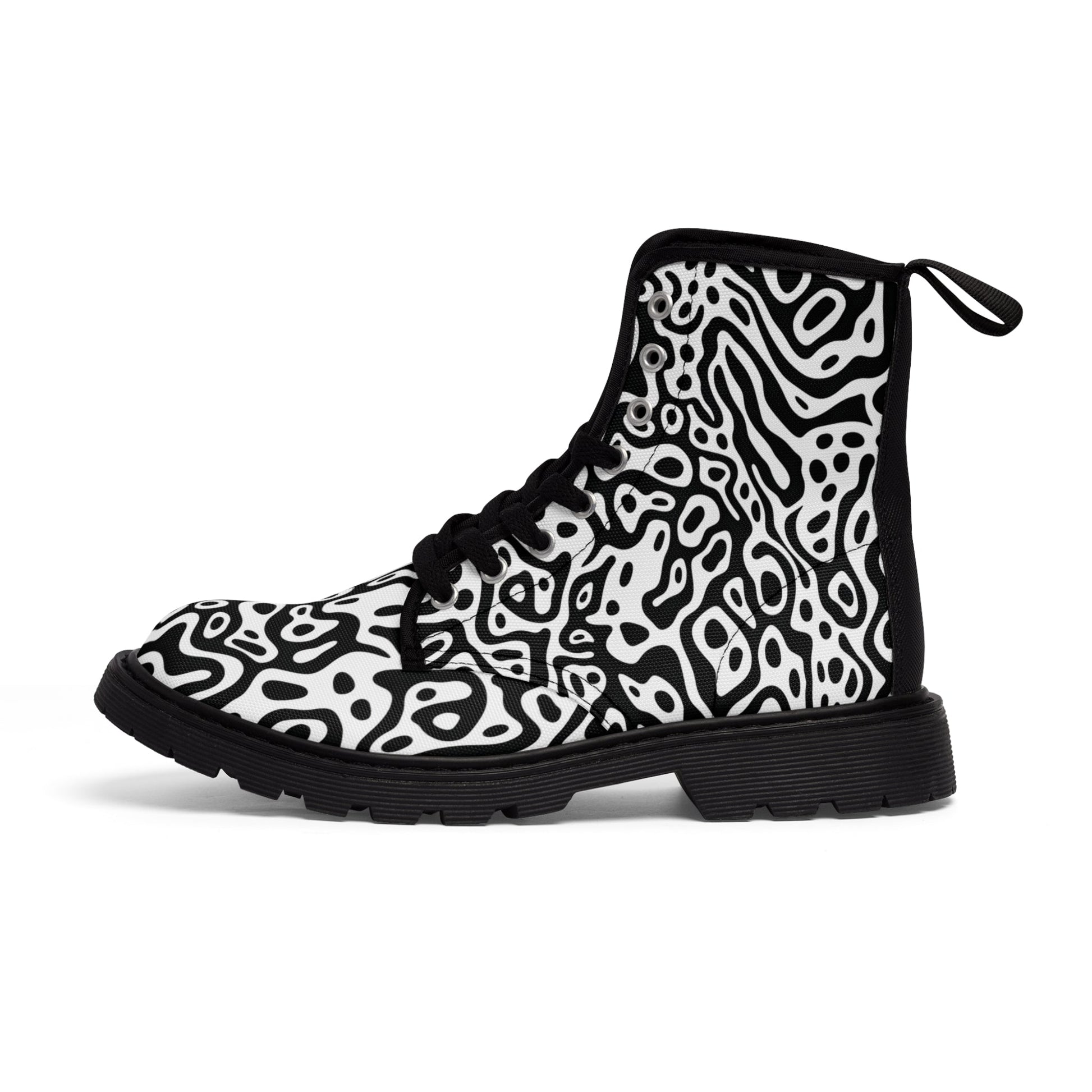 Shoes - Women's Black and White Stylized Abstract Design Canvas Boots - Rubber Souls - Vegan Shoes from Crypto Zoo Tees