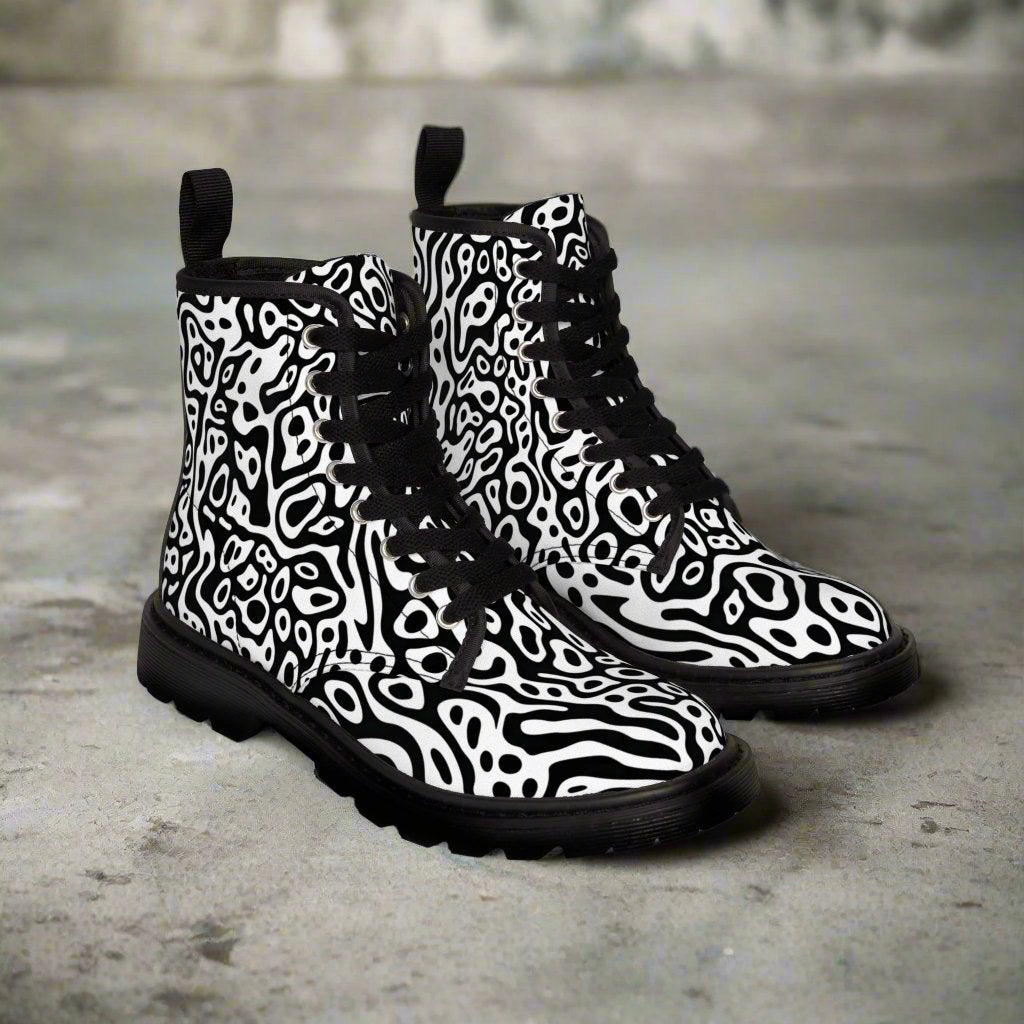 Shoes - Women's Black and White Stylized Abstract Design Canvas Boots - Rubber Souls - Vegan Shoes from Crypto Zoo Tees