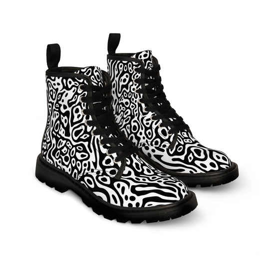 Shoes - Women's Black and White Stylized Abstract Design Canvas Boots - Rubber Souls - Vegan Shoes from Crypto Zoo Tees