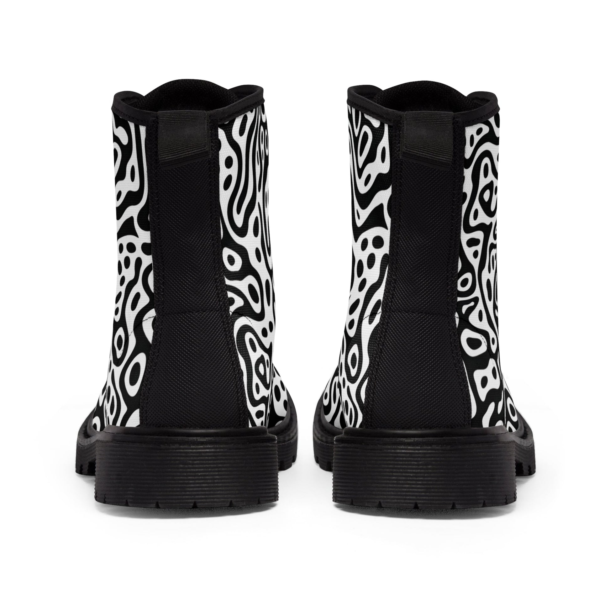 Shoes - Women's Black and White Stylized Abstract Design Canvas Boots - Rubber Souls - Vegan Shoes from Crypto Zoo Tees